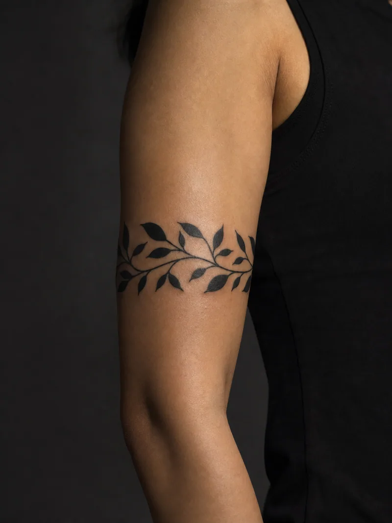 Botanical armband tattoo - a wraparound rhythm of solid leaves and open stems
