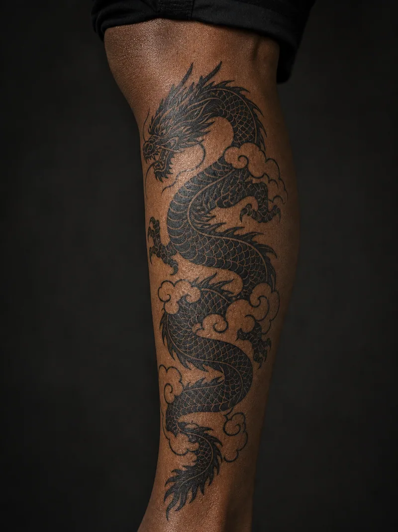 Blackwork dragon tattoo - an Eastern dragon built from black scales and white cloud breaks