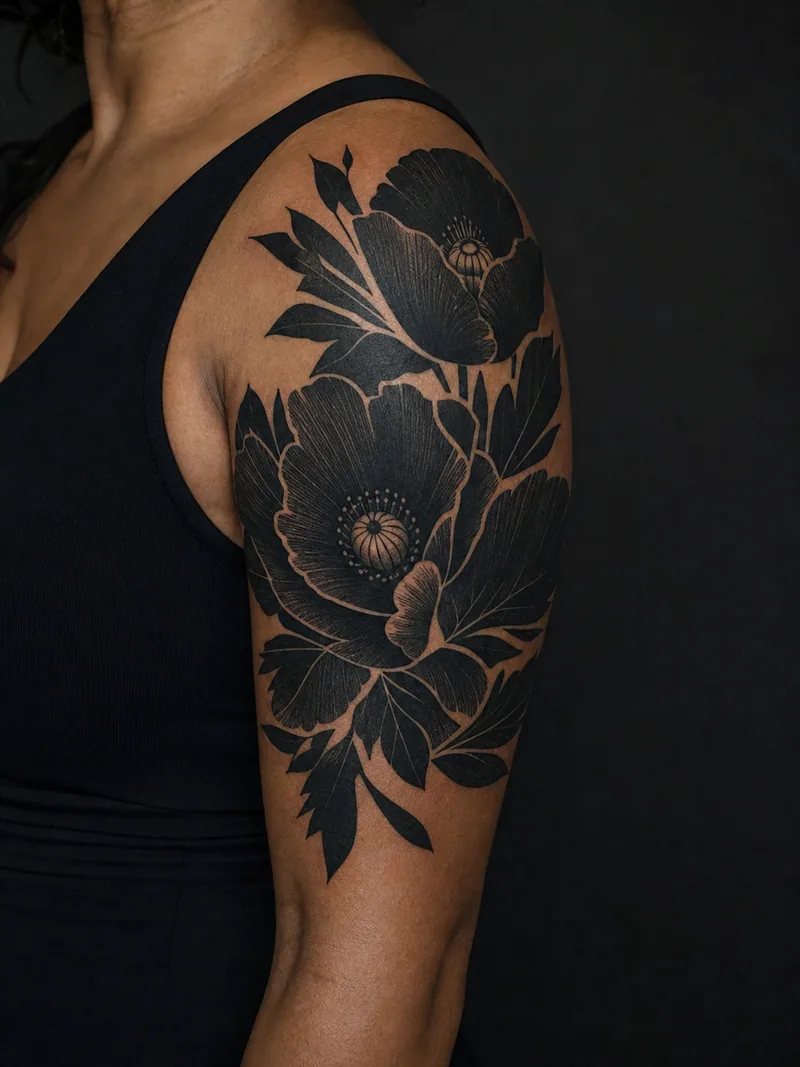 Blackwork cover-up tattoo - layered poppy petals and angular leaves concealing an older tattoo