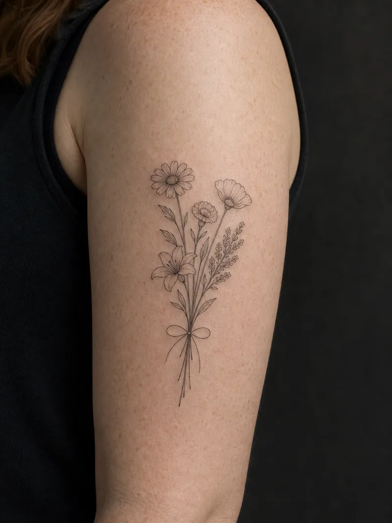 Birth flower bouquet tattoo - five small birth flowers gathered by a simple looping tie