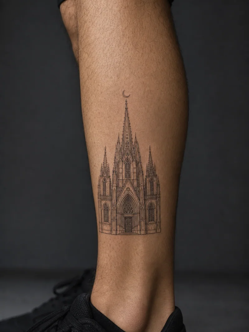 Cathedral tattoo - a precise Gothic facade with narrow arches and a small crescent above the spire