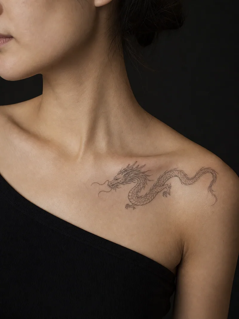 Fine line dragon tattoo - a slender Eastern dragon following the collarbone with airy scales and whiskers
