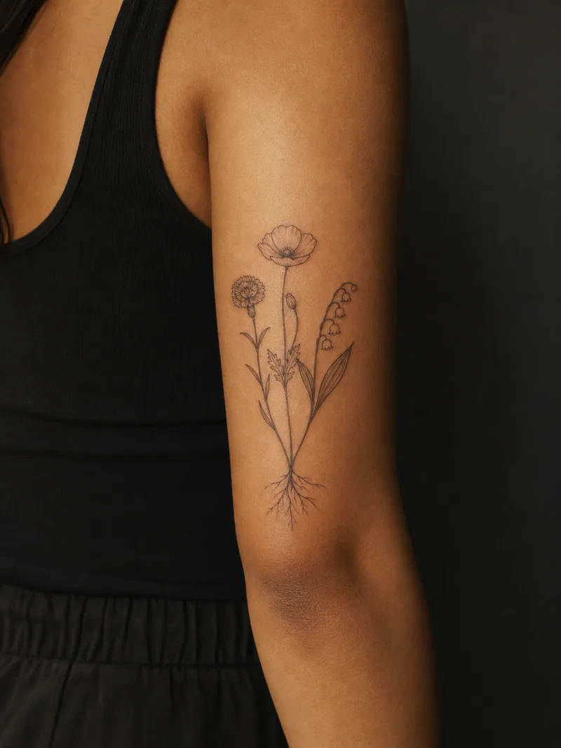 Family birth flowers tattoo - three different flower stems growing from one shared root system