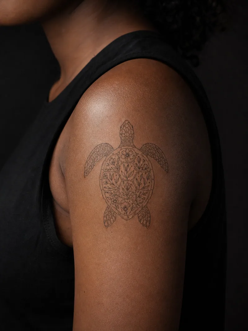 Sea turtle tattoo - a sea turtle whose shell is divided into delicate botanical compartments