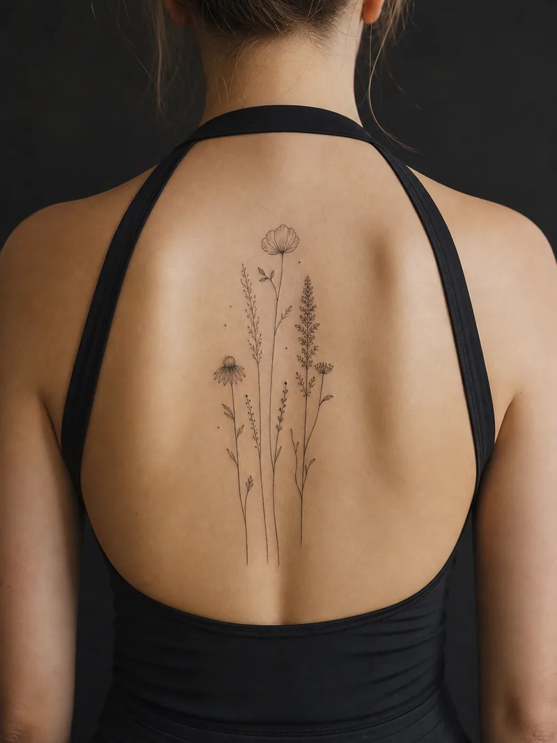 Wildflower spine tattoo - five airy meadow stems arranged vertically with tiny seed dots