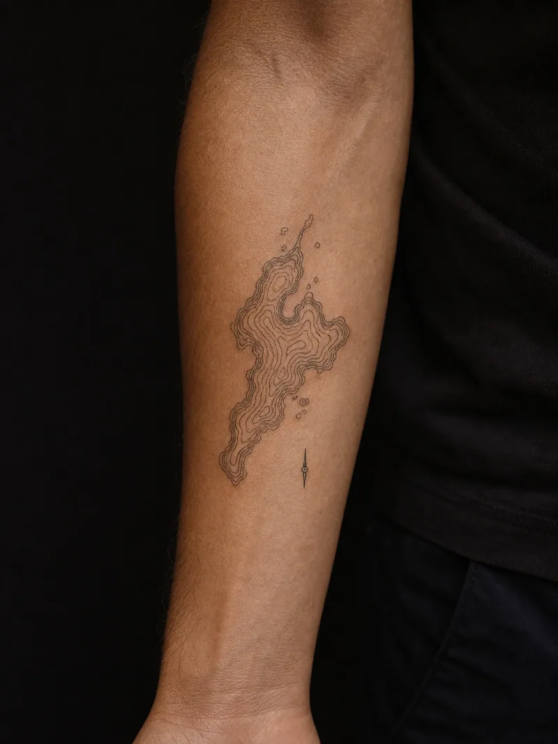 Topographic map tattoo - an irregular island shape built from close contour lines and one compass needle