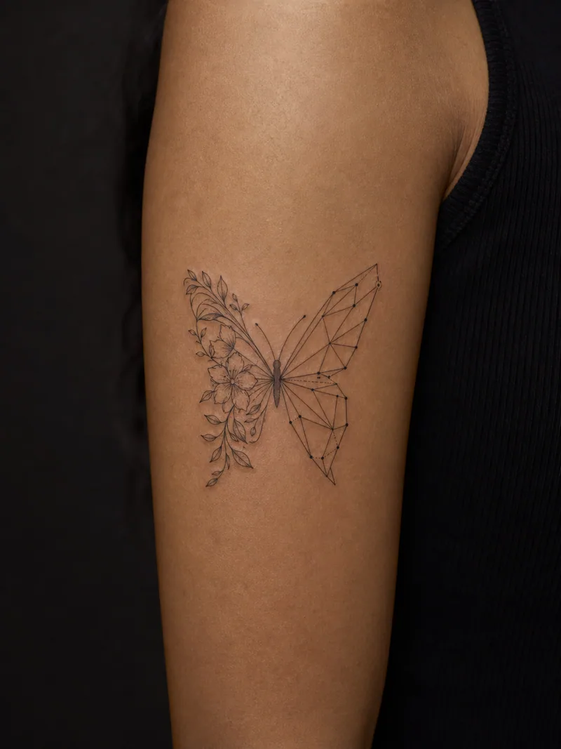 Asymmetrical butterfly tattoo - one botanical wing balanced by one precisely geometric wing