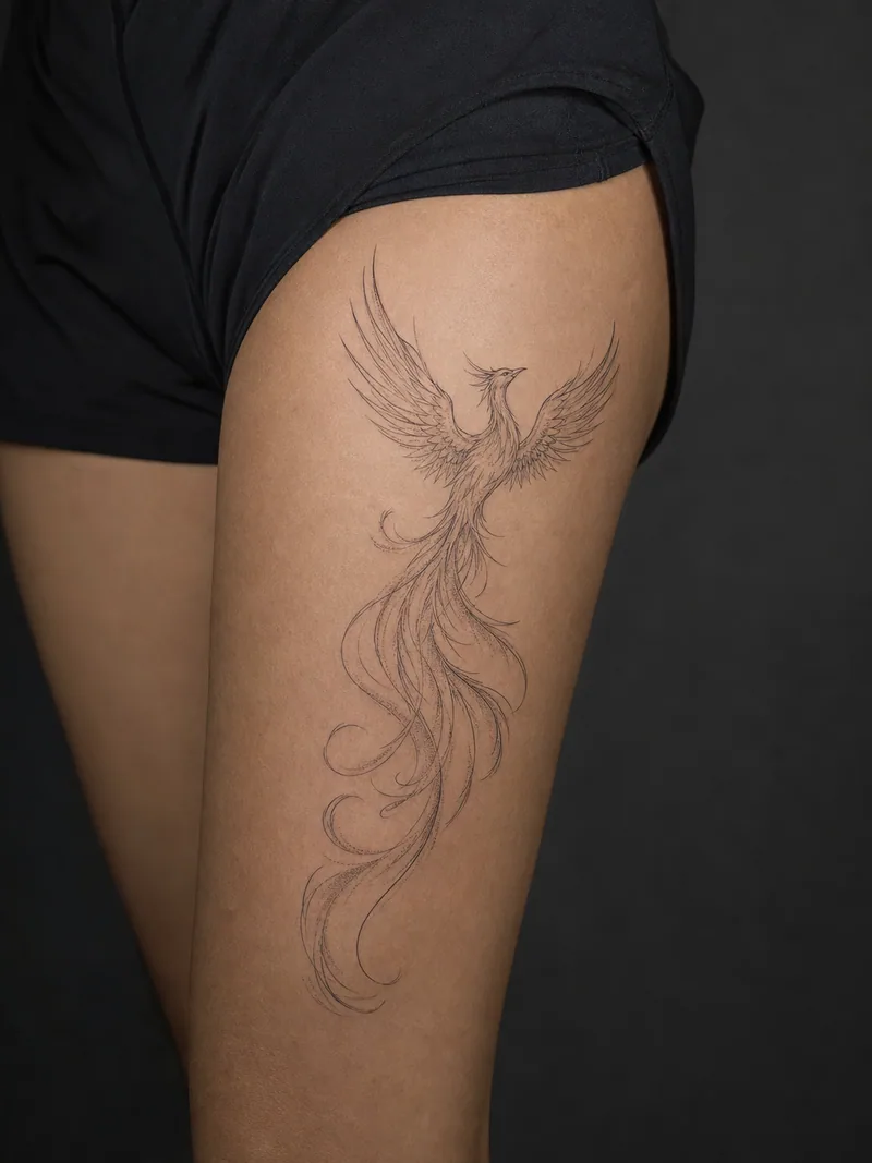 Fine line phoenix tattoo - a rising phoenix formed from long flowing contours and restrained stippling
