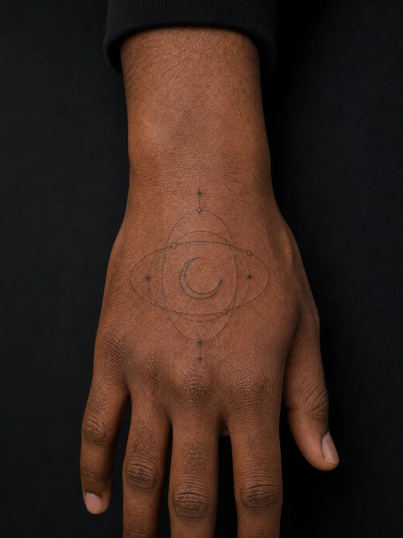 Celestial hand tattoo - a crescent moon connected to three orbital arcs and sparse star points