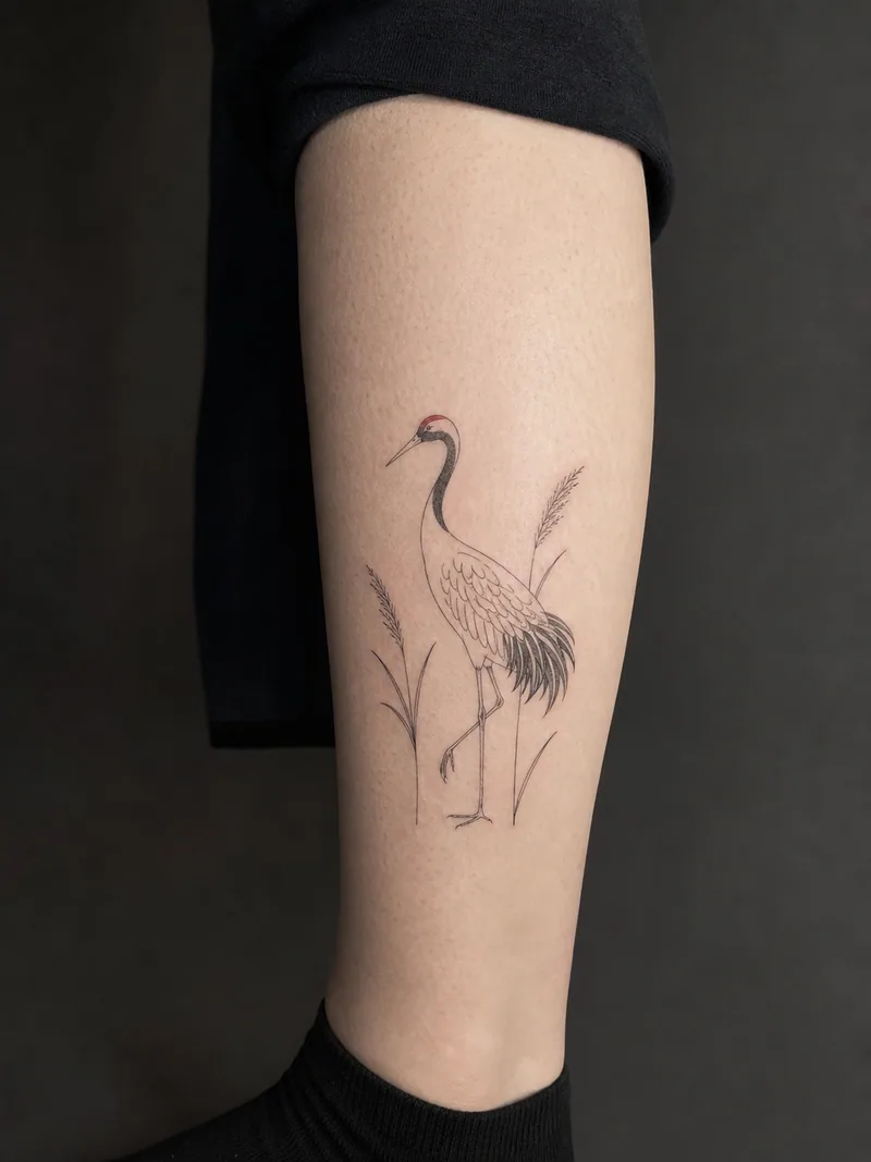 Crane calf tattoo - a red-crowned crane standing between two tall reed stems