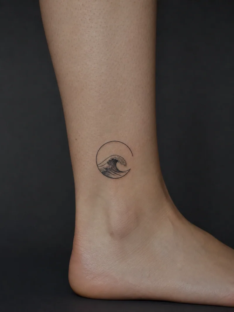 Minimal wave tattoo - a single curling wave held inside an incomplete circular frame