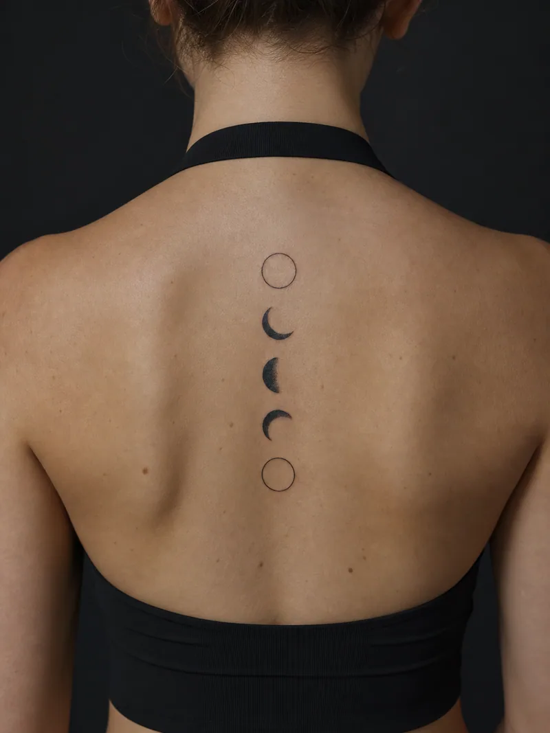 Minimal moon phases tattoo - five simplified moon phases aligned vertically with even spacing