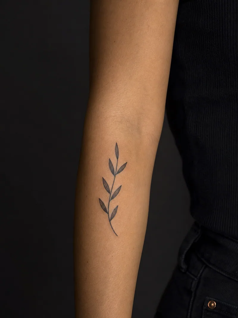 Minimal olive branch tattoo - one curved stem carrying seven evenly spaced simple leaves