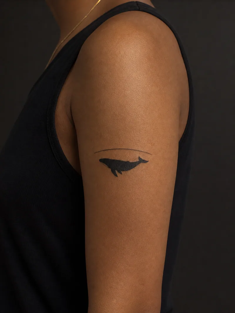 Minimal whale tattoo - a compact whale silhouette beneath one thin arc suggesting the sea surface