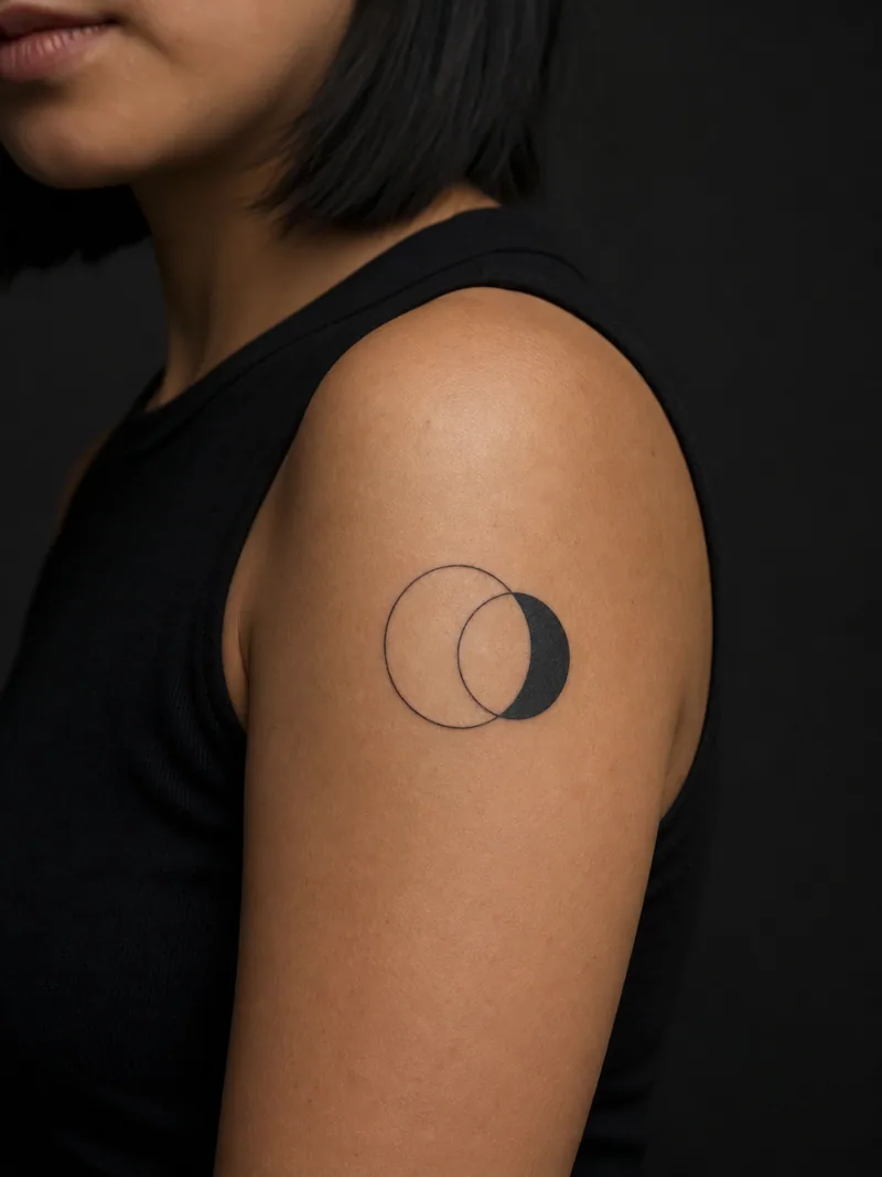 Minimal eclipse tattoo - two offset circles creating one narrow solid crescent