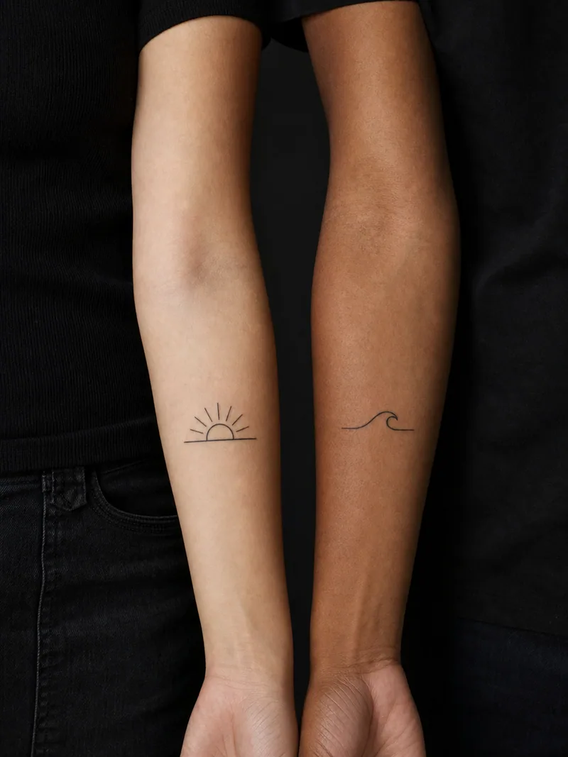 Matching minimalist tattoos - a rising sun and a single horizon wave designed as a coordinated pair