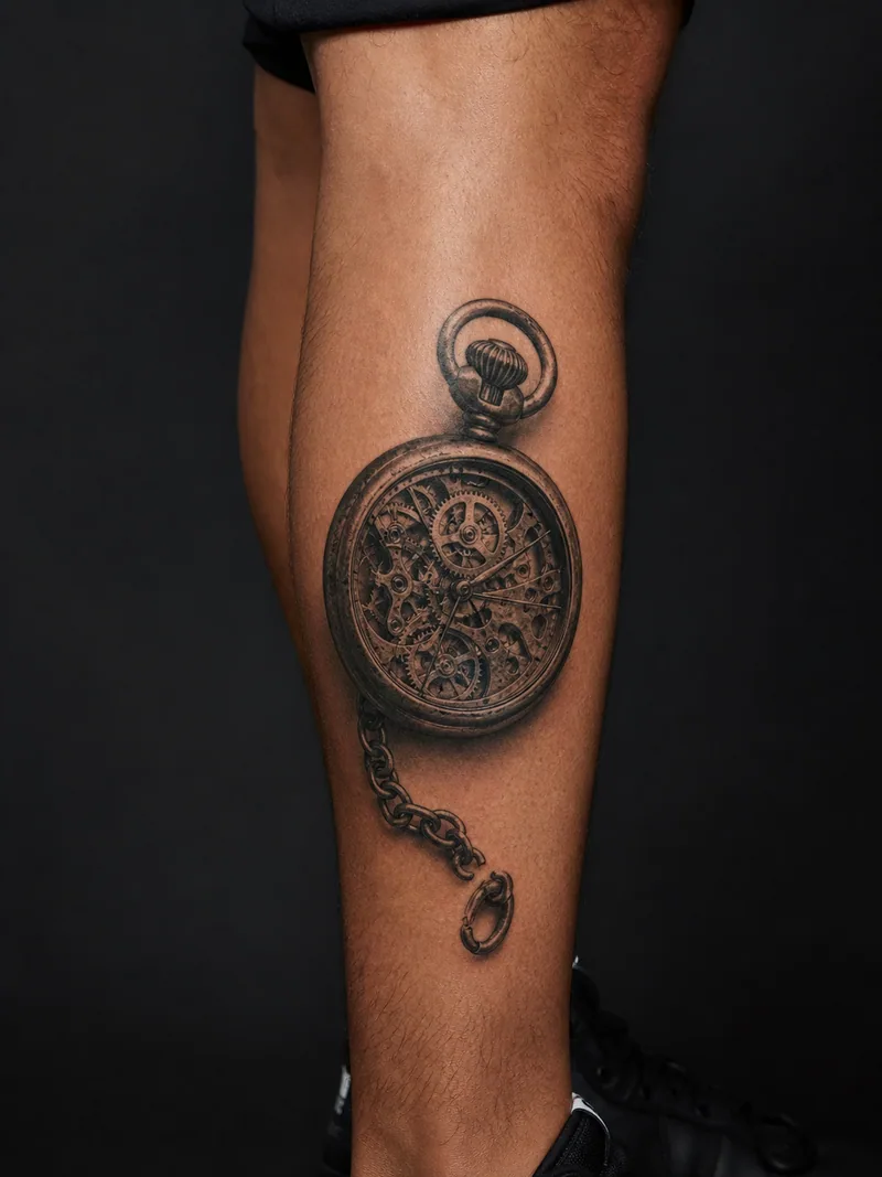 Pocket watch tattoo - an antique watch with visible gears and a short broken chain