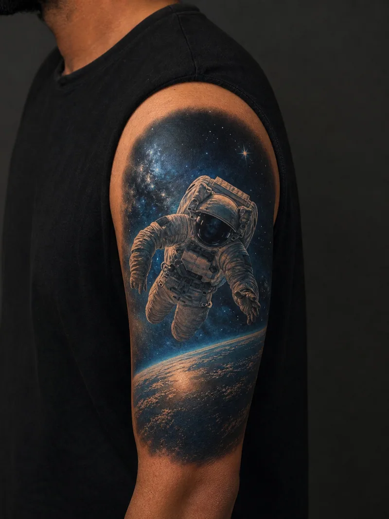 Realistic astronaut tattoo - an astronaut floating above a luminous blue planet horizon