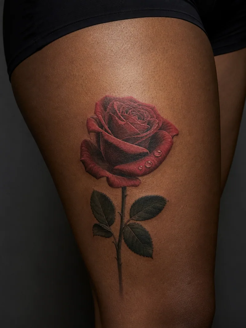 Realistic rose tattoo - a deep red rose with curled petals and three water droplets