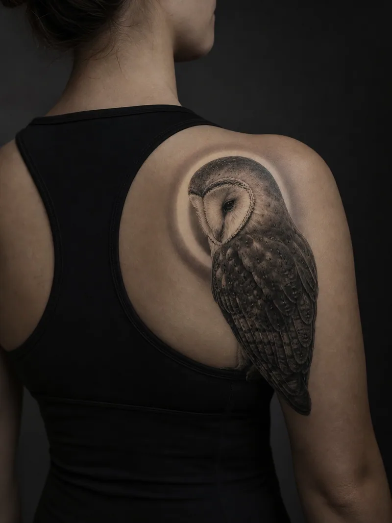 Realistic owl tattoo - a barn owl in three-quarter view with soft feather detail