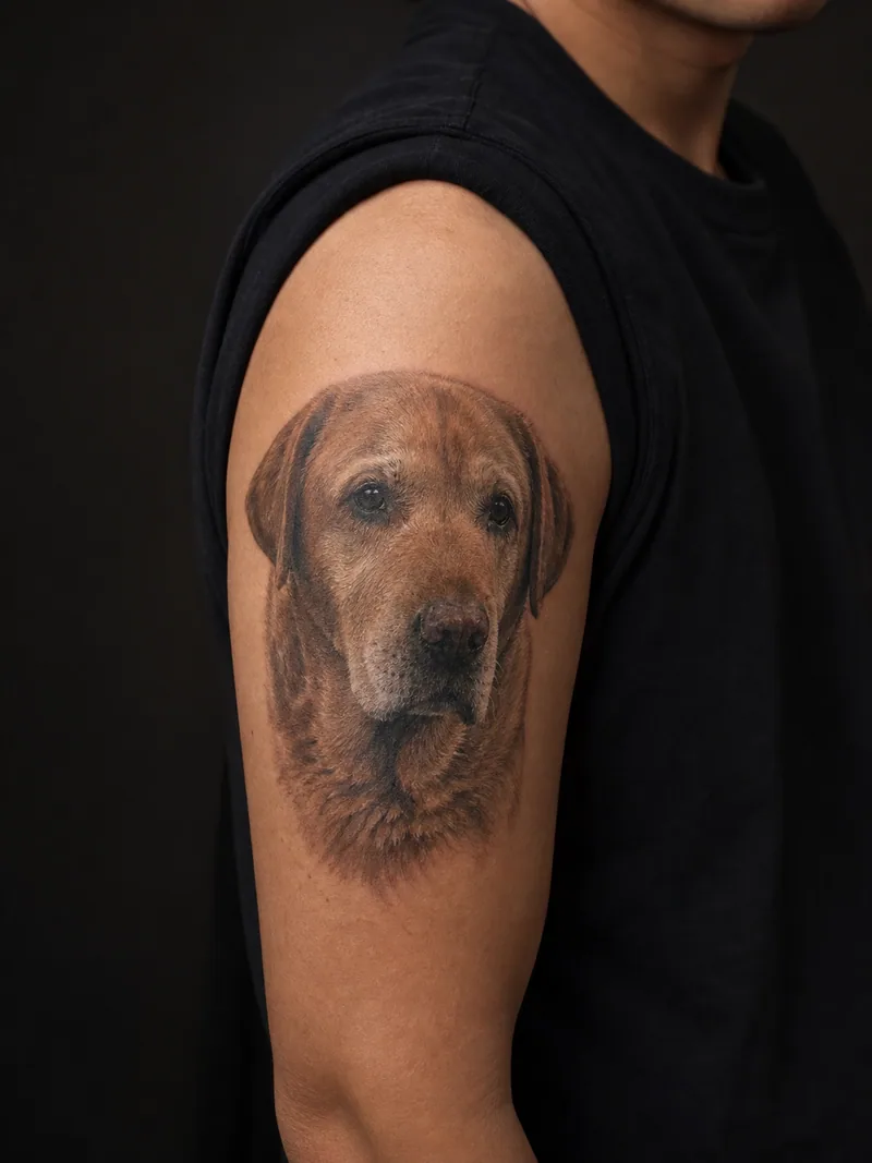 Labrador portrait tattoo - a senior Labrador portrait with a gentle natural expression
