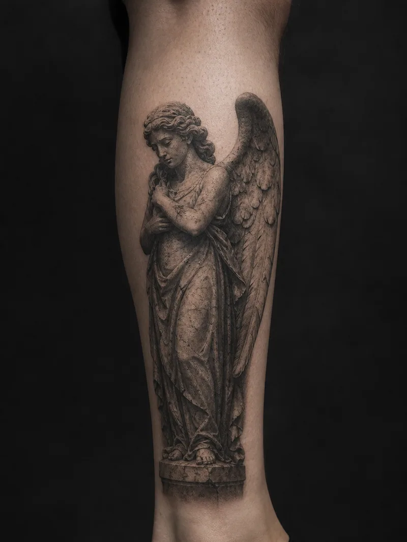 Marble angel tattoo - a weathered angel sculpture with cracked-stone texture