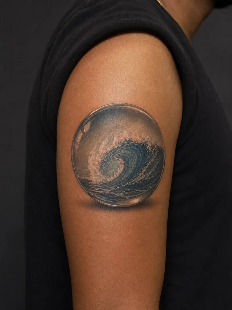 Ocean sphere tattoo - a breaking wave contained inside a reflective glass sphere