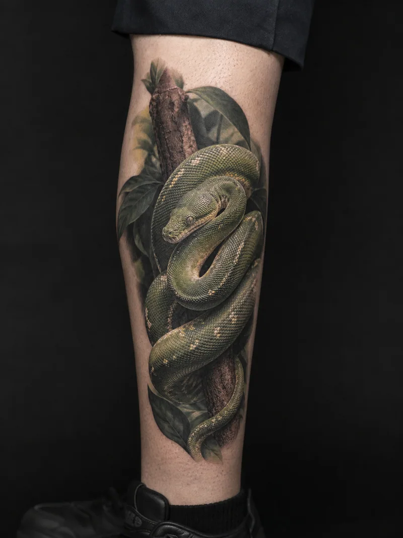 Realistic python tattoo - an emerald tree python coiled naturally around a branch