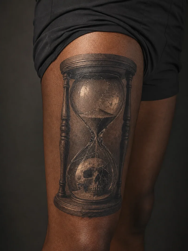 Skull hourglass tattoo - a non-graphic skull reflected inside a cracked hourglass