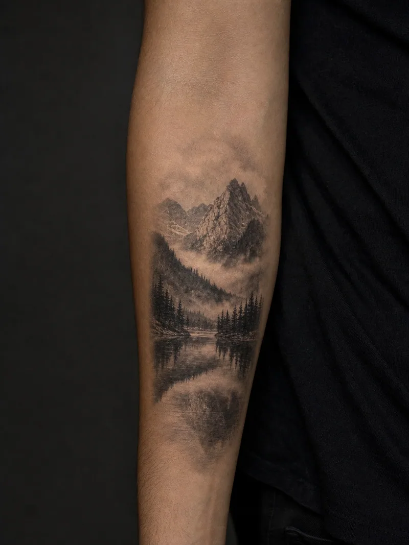 Realistic mountain tattoo - a misty alpine valley reflected in a narrow lake