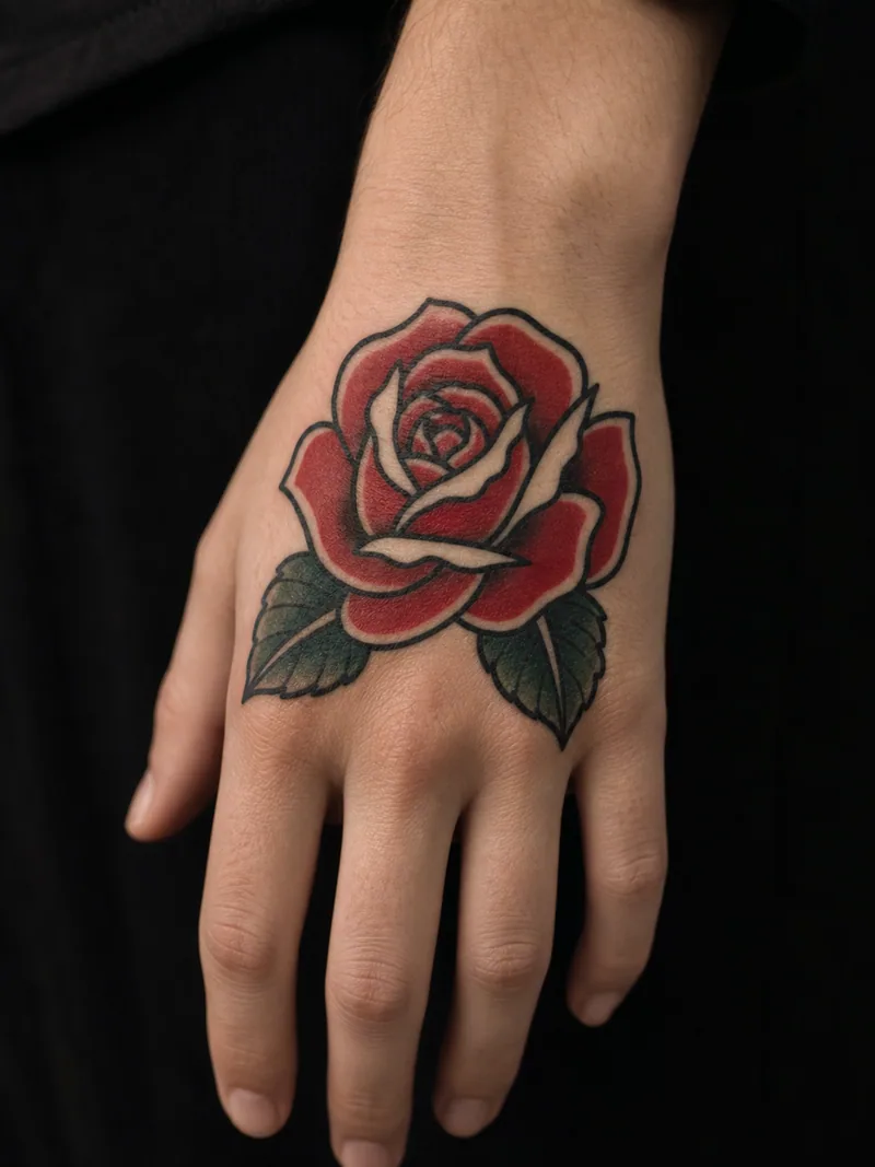Traditional rose tattoo - a classic red rose framed by two broad green leaves