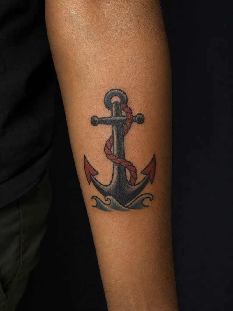 Anchor tattoo - a navy anchor wrapped by a short red rope above two waves