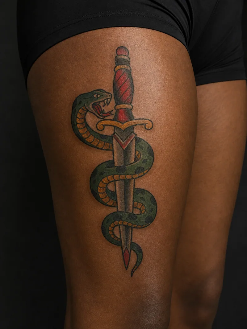 Dagger and snake tattoo - a coiled green snake crossed by a straight red-handled dagger