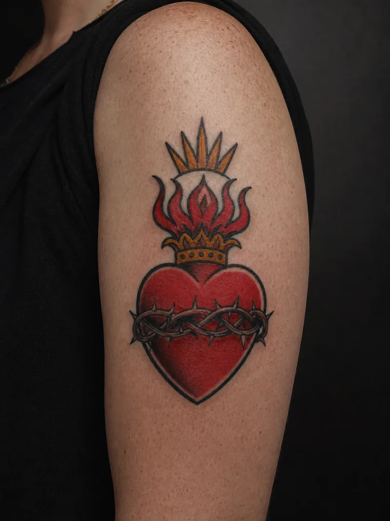 Sacred heart tattoo - a crowned flaming heart with strong rays and no lettering