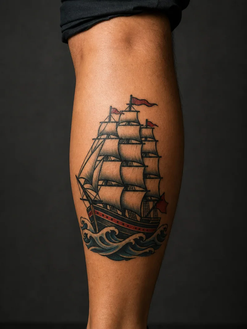 Sailing ship tattoo - a three-masted ship riding above stylized striped waves