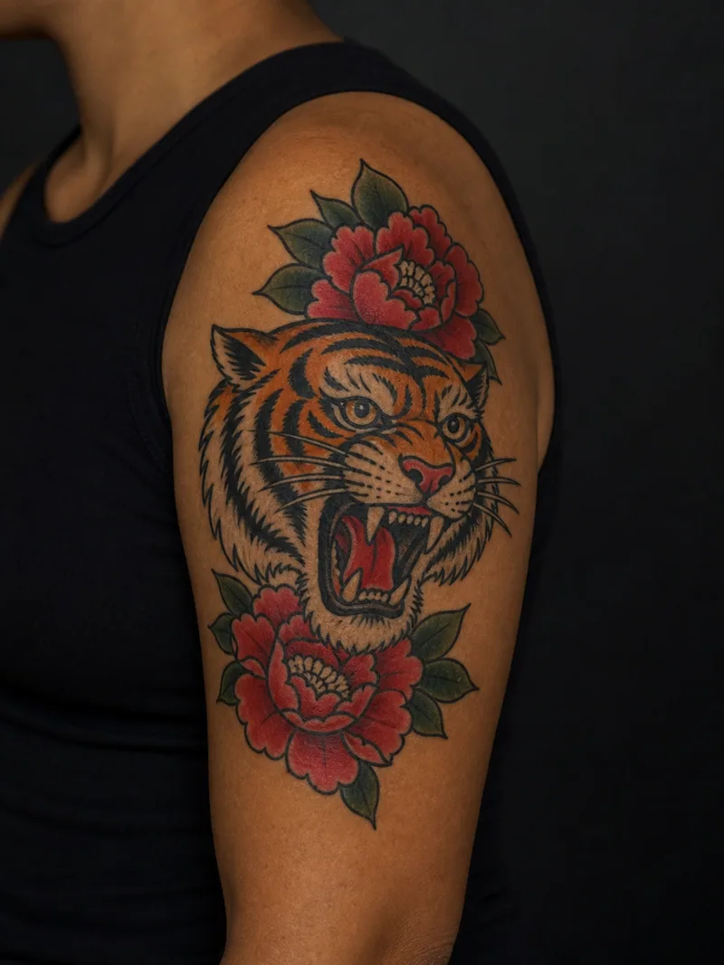 Tiger and peonies tattoo - a roaring tiger head framed by two red peonies