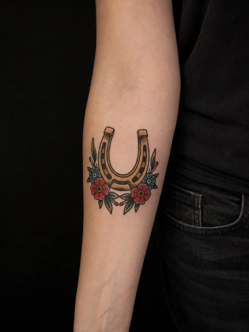 Horseshoe tattoo - an upward-facing gold horseshoe surrounded by small flowers