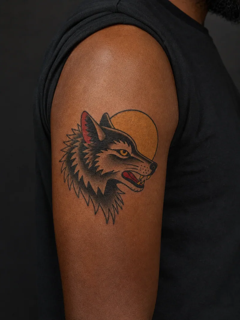 Traditional wolf tattoo - a wolf profile set against one simple yellow moon