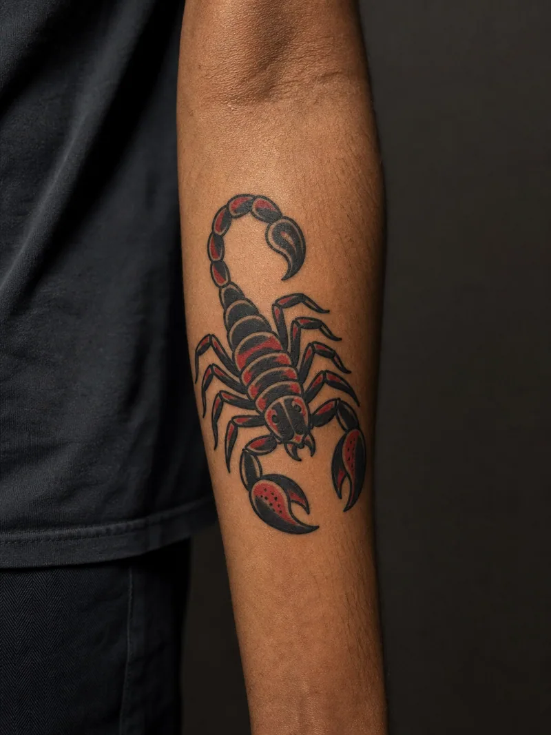 Traditional scorpion tattoo - a compact scorpion with a sharply curled tail