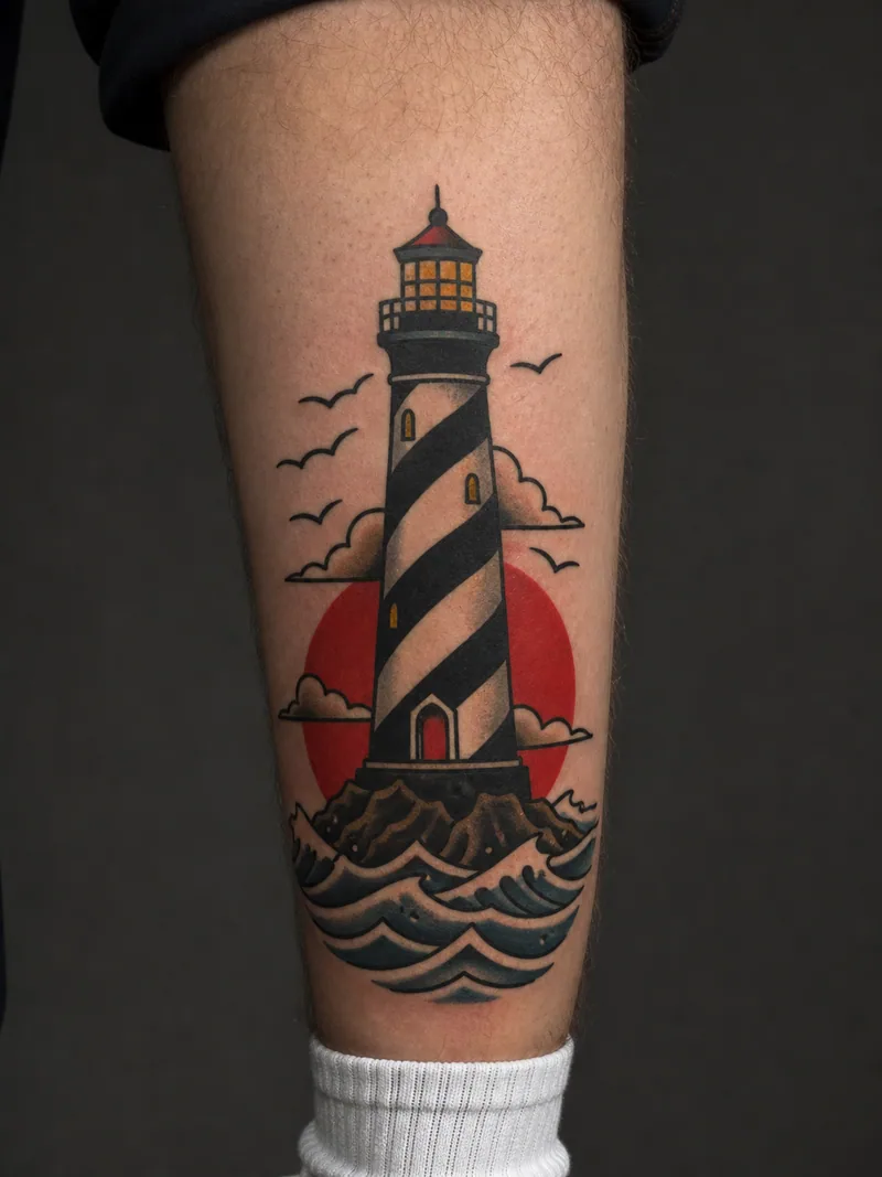 Traditional lighthouse tattoo - a striped lighthouse above dark waves and a red sunset