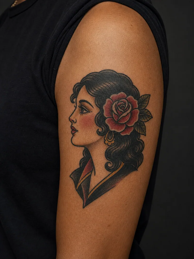 Traditional lady head tattoo - a classic profile portrait accented by one rose and gold earring