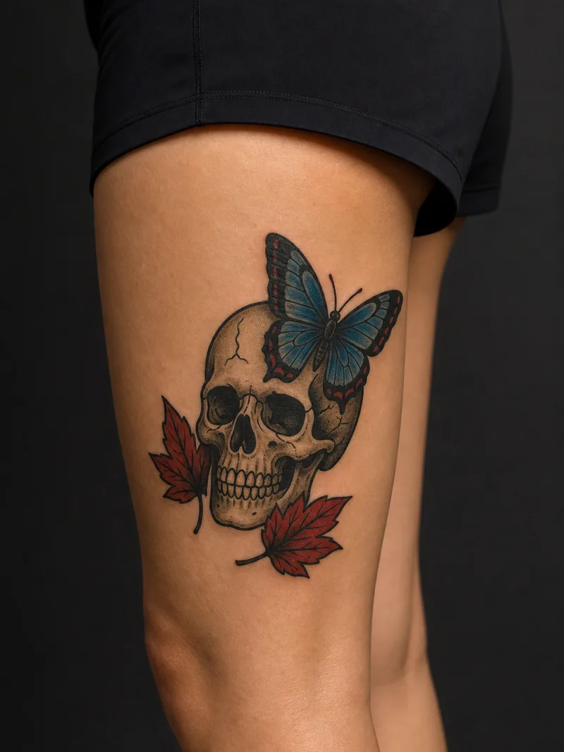 Skull and butterfly tattoo - a non-graphic skull paired with a blue butterfly and red leaves