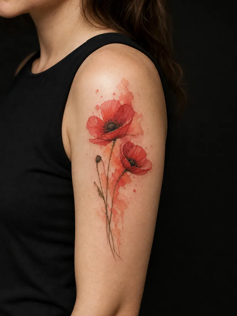 Watercolor poppy tattoo - two poppies surrounded by softly bleeding coral washes