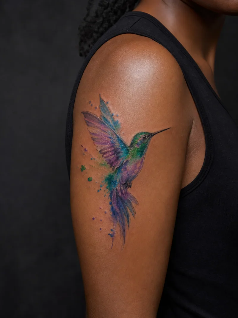 Watercolor hummingbird tattoo - a flying hummingbird shaped by three clear color blooms
