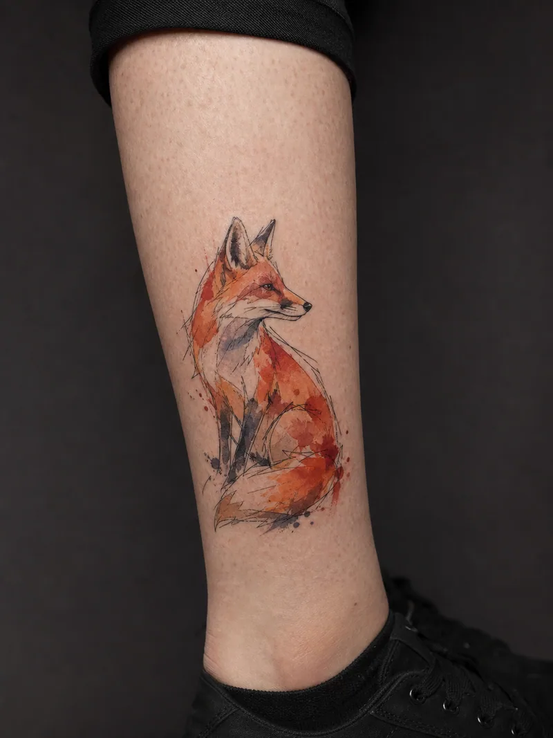 Watercolor fox tattoo - a seated fox formed from burnt-orange washes and a loose contour