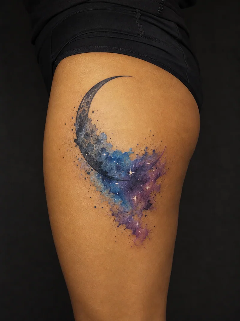 Galaxy moon tattoo - a crescent dissolving into a blue and violet galaxy wash