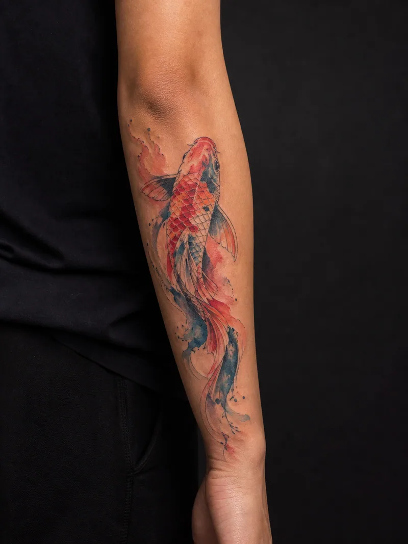 Watercolor koi tattoo - an upward-swimming koi followed by coral and indigo trails