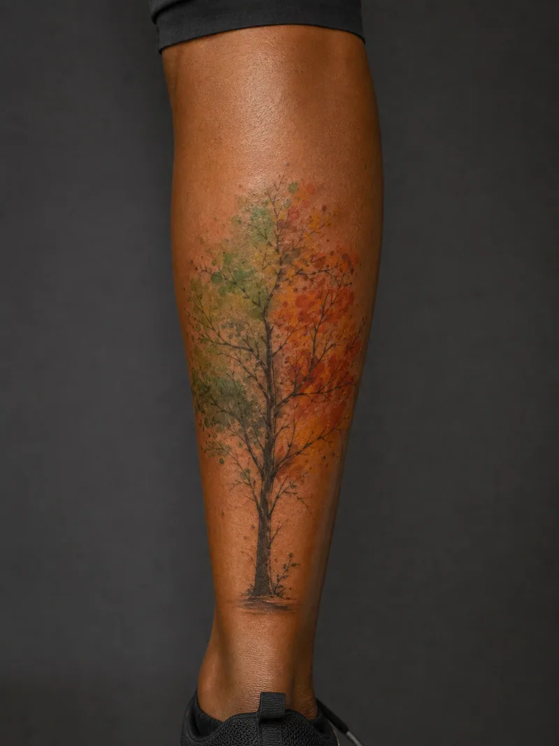 Watercolor tree tattoo - one tree divided between spring green and autumn orange