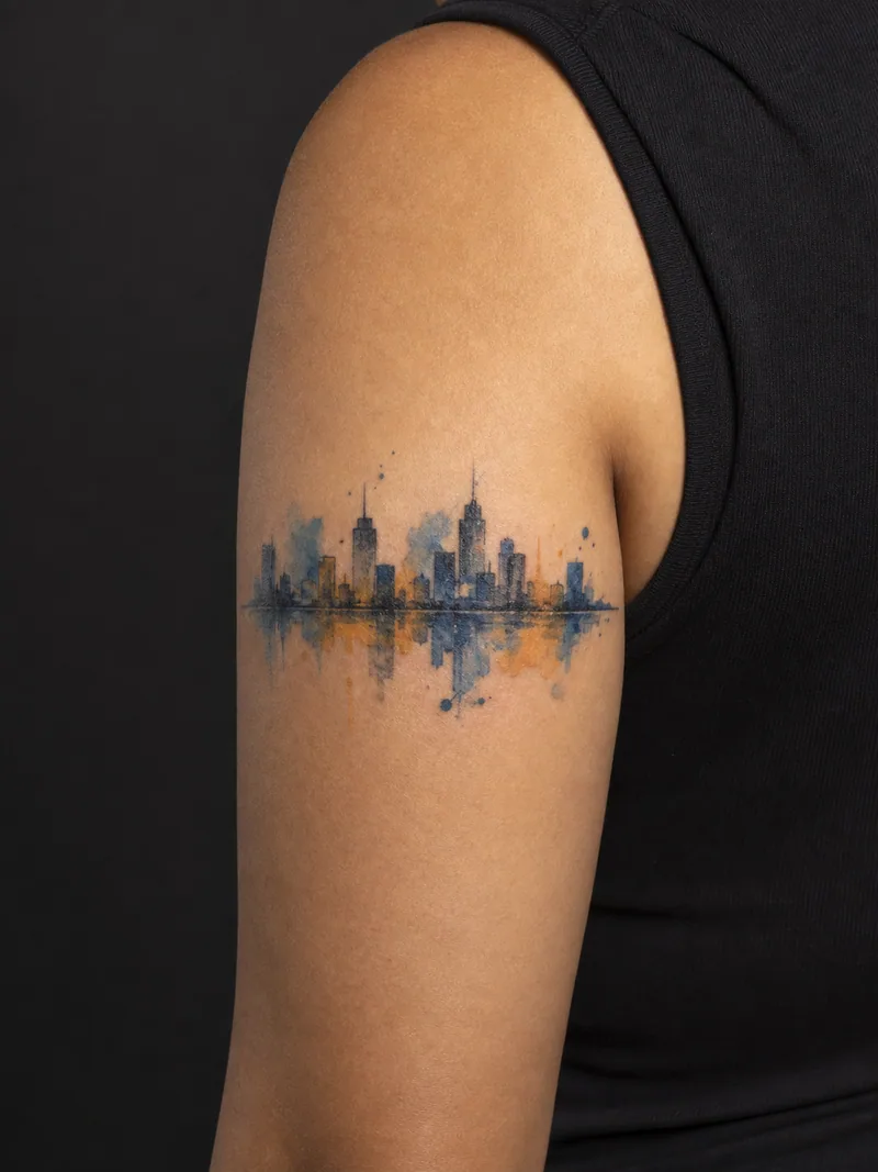 Watercolor skyline tattoo - an abstract skyline reflected in loose blue and gold strokes