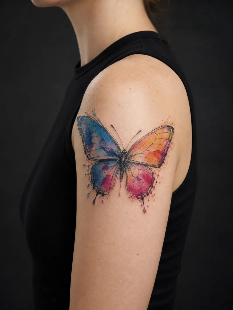 Watercolor butterfly tattoo - a butterfly whose wings hold separate transparent color blooms